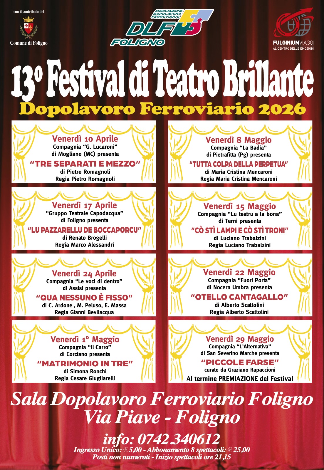 13° FESTIVAL di TEATRO BRILLANTE dal !0 aprile al 29 maggio 2026